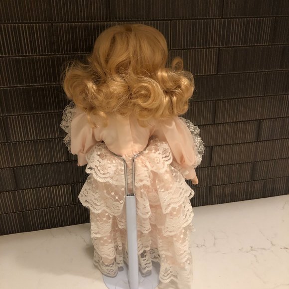 Blonde Hair/Blue Eyed Porcelain Doll in Pink Satin and Lace Dress - Picture 7 of 9